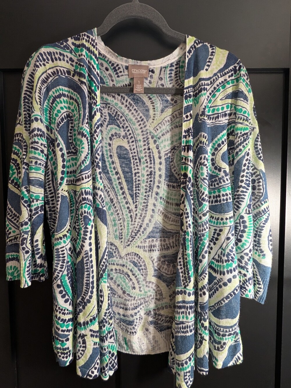 Chico's Open-Front 3/4" Sleeve Paisley Knit Cardigan Women's Size 1 Medium